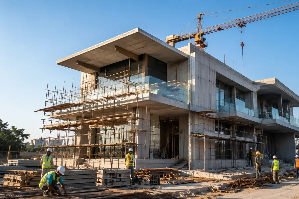 Active construction site beneath a clear sky