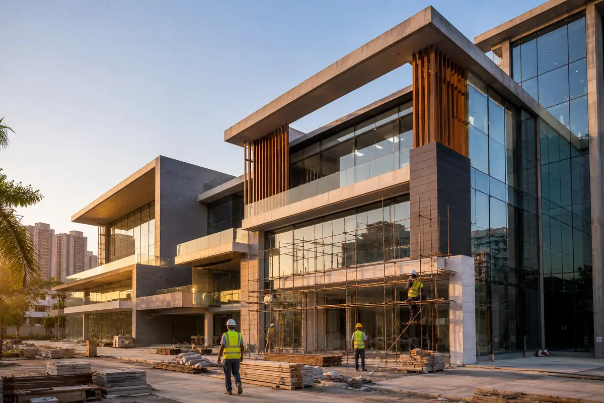 Commercial building facade under construction