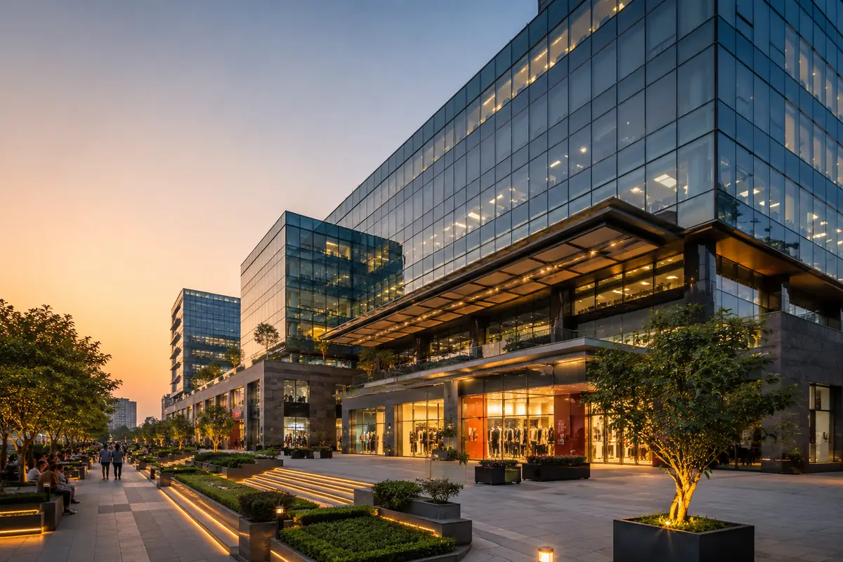 Contemporary mixed-use commercial complex at dusk