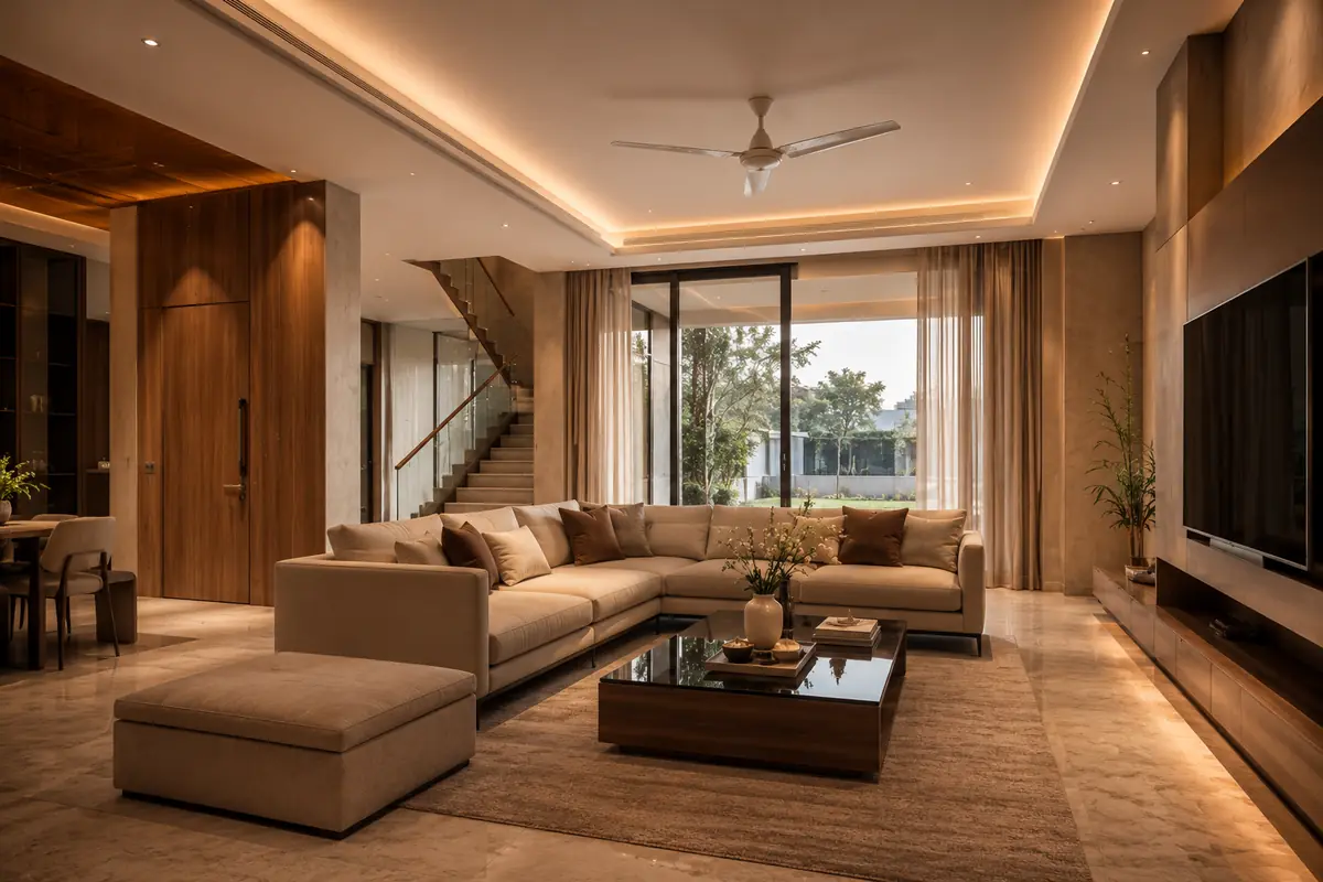 Finished living room with coordinated lighting and joinery