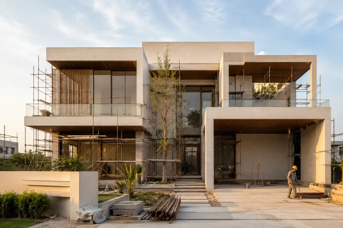Modern house under construction with scaffolding